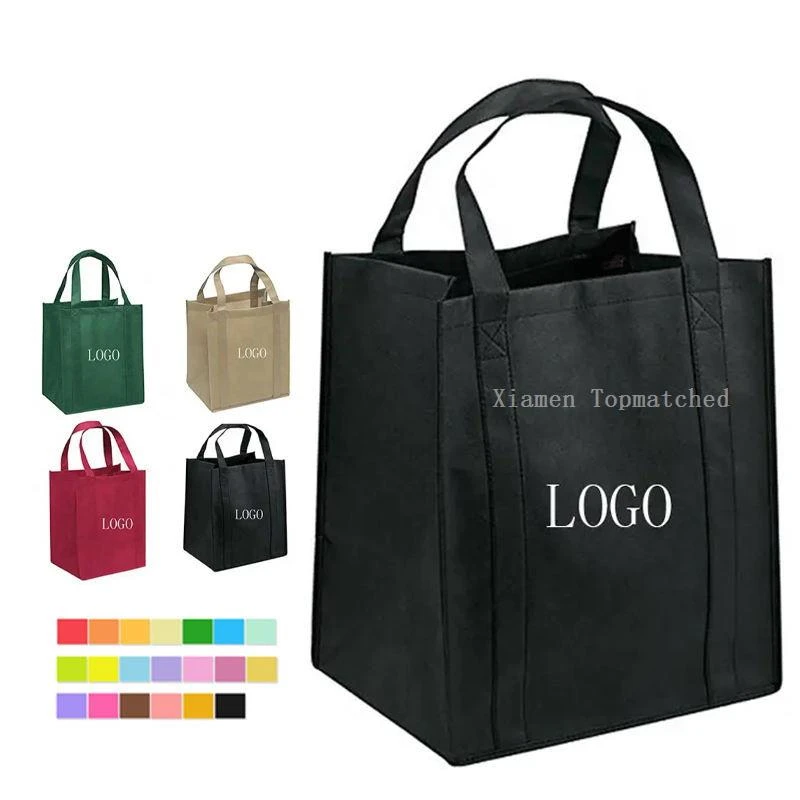 Stack of custom printed recycled non-woven grocery shopping bags in multiple colors with handles Stack of custom printed recycled non-woven grocery shopping bags in multiple colors with handles