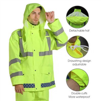 Cov neeg ua haujlwm sab nraum zoov Hi Viz Waterproof Rain Coat